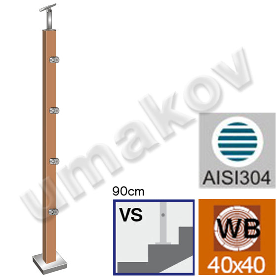 Natúr bükk korlátoszlop(BEECH)JP 40x40mm, 4xd12mm