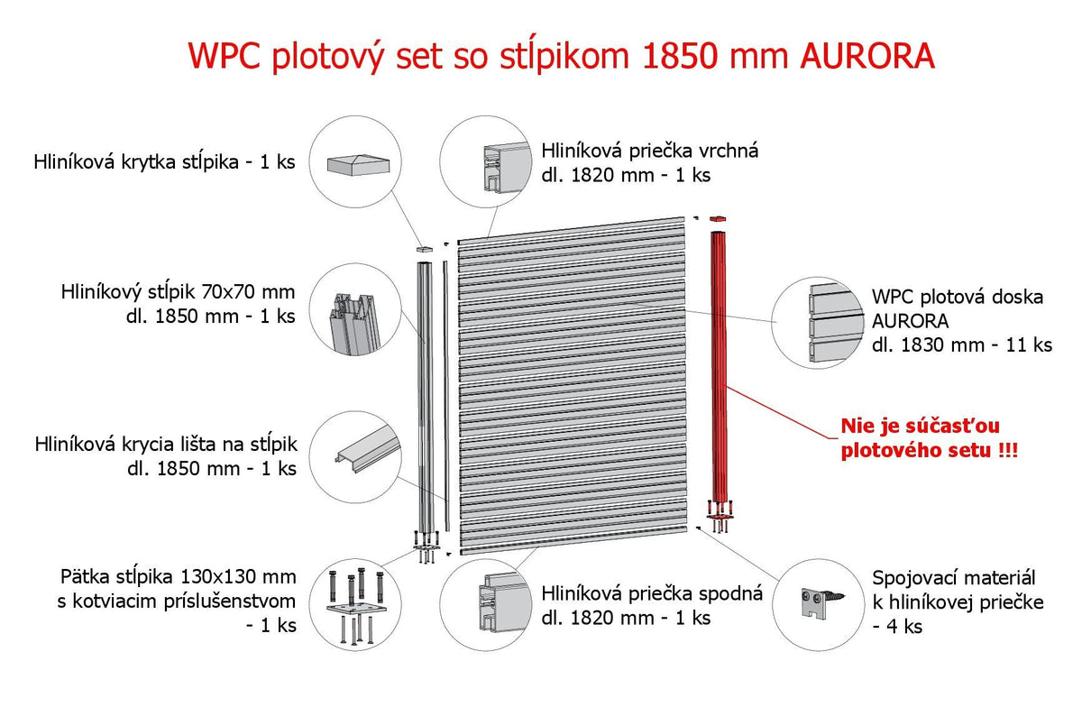 WPC fence set with 1850mm post AURORA gray