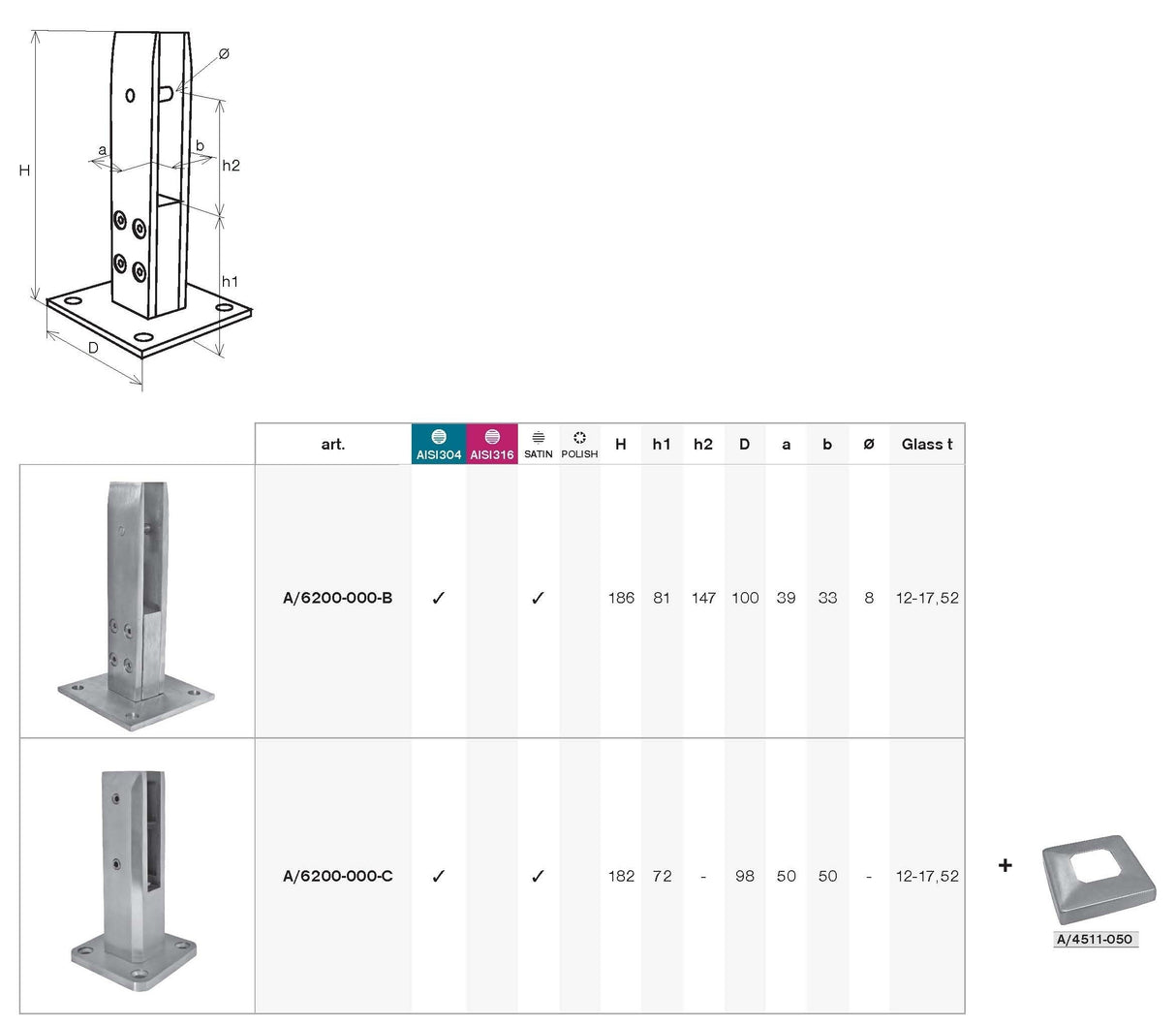 Spigot mini oszlop vonalmenti üvegkorláthoz