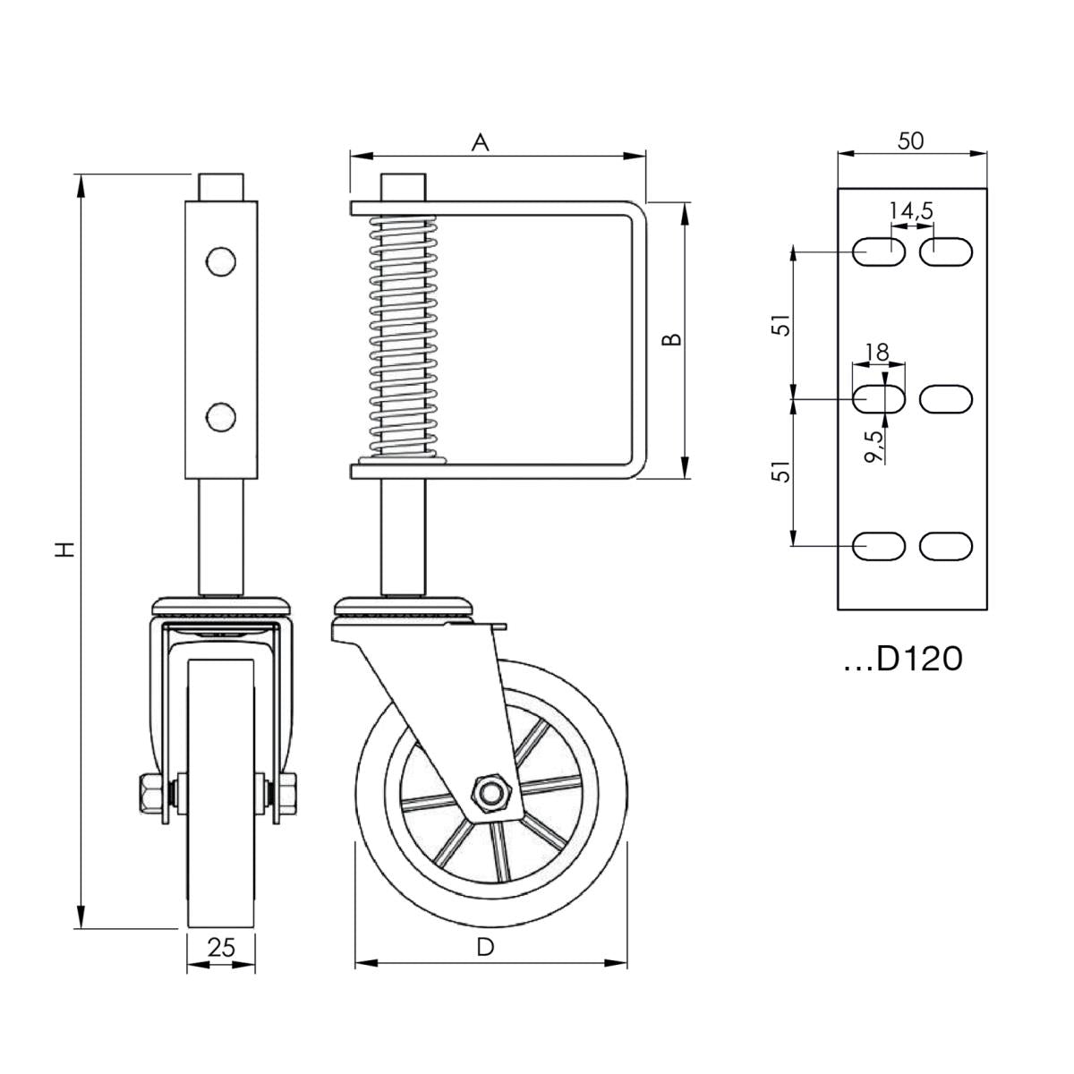 Lengőkapu alsó kerék, rugóval