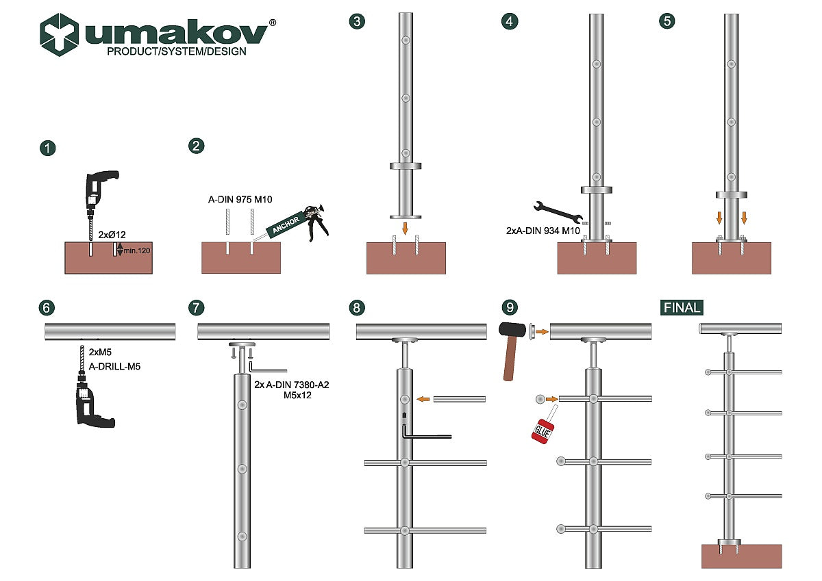 Rozsdamentes pálcás lépcsőkorlát, 6000x1000mm