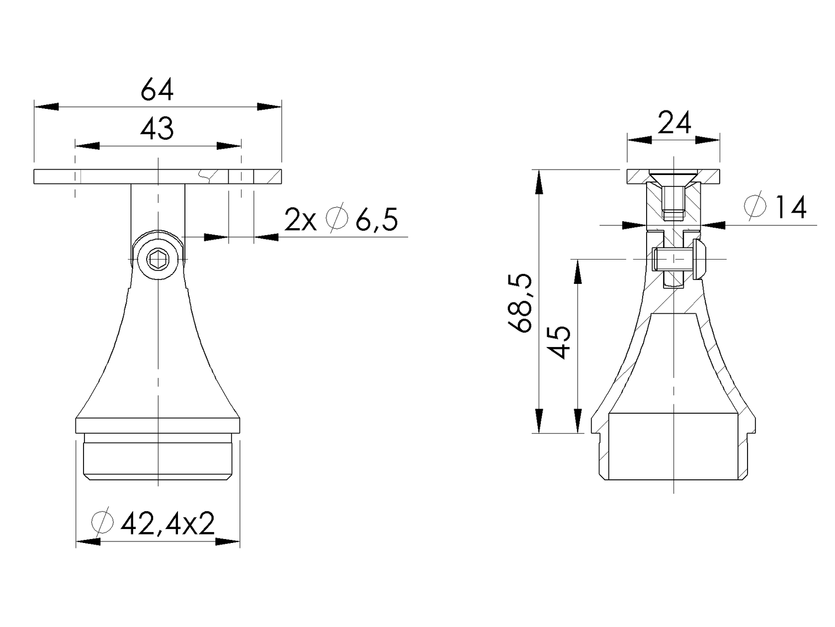 Síkkapaszkodó tartó-állítható AISI304, 40x40x2/d42