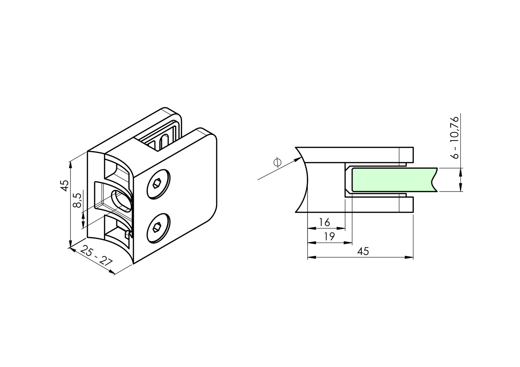 Könnyűfém ötvözet üvegfogó  köroszlopra