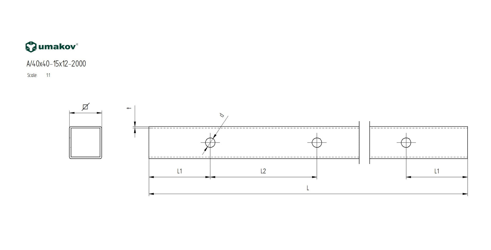 Furatolt zártszelvény 40x40x2/15xd12,5/L1980