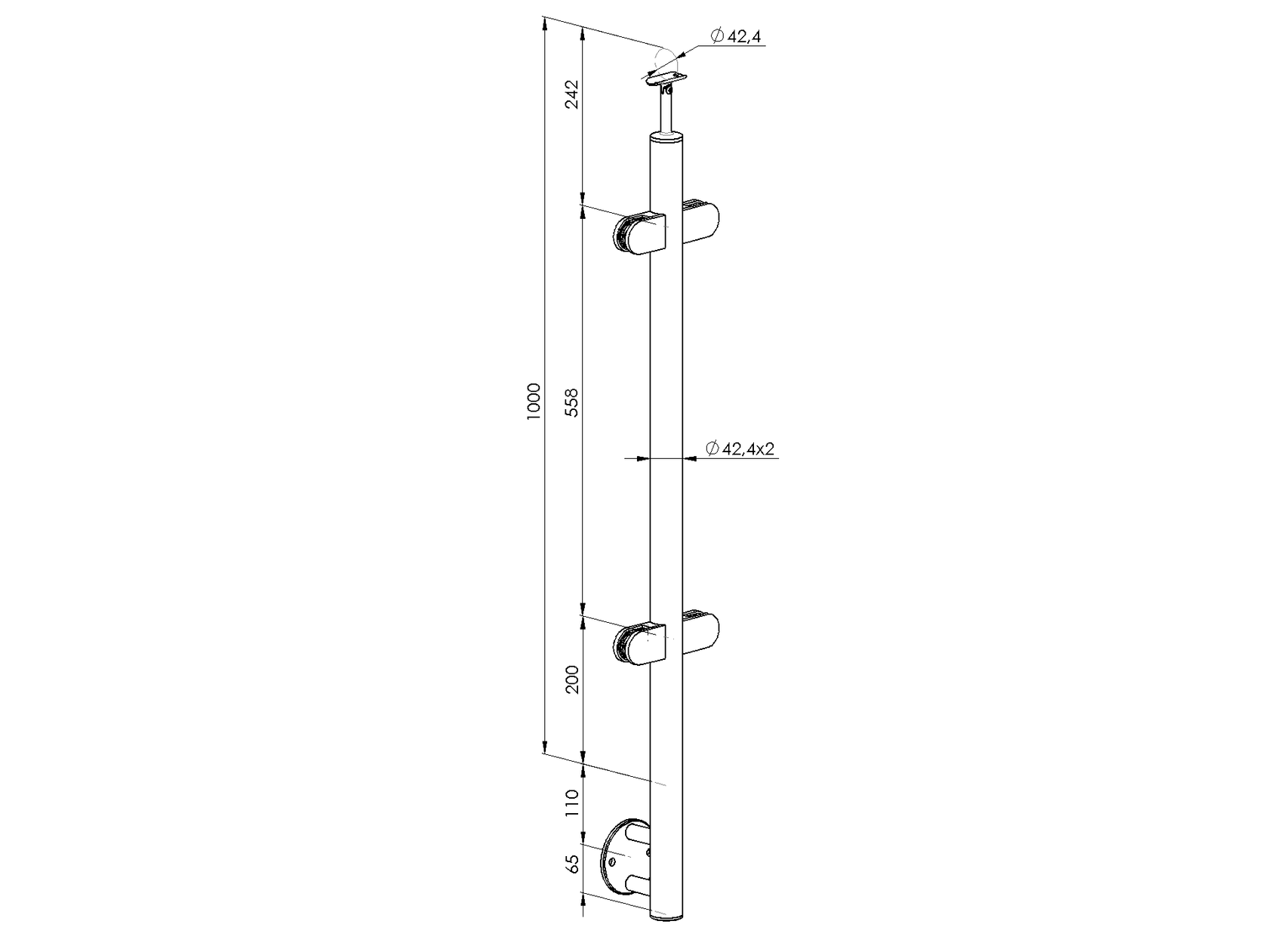 Oldalsó rögzítésű, középső oszlop üvegkorláthoz