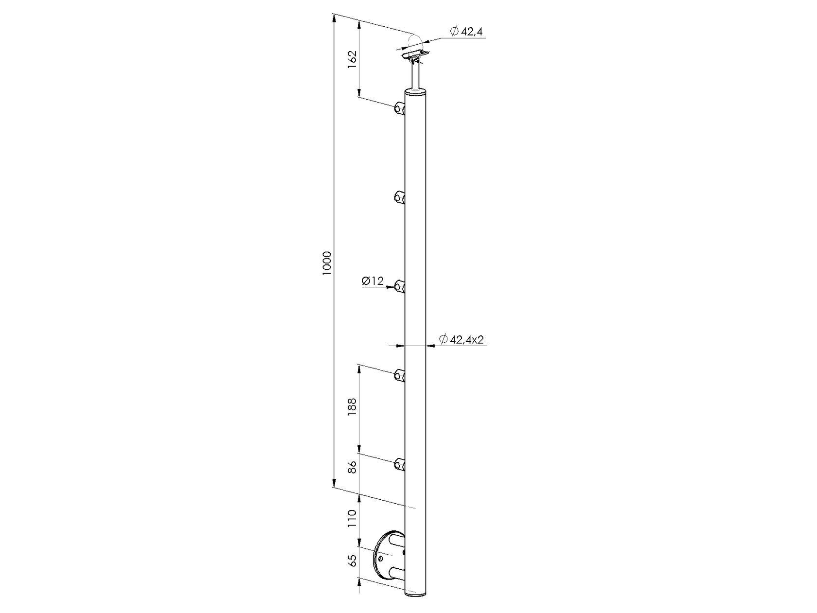 Oldalsó rögzítésű oszlop pálcás korláthoz