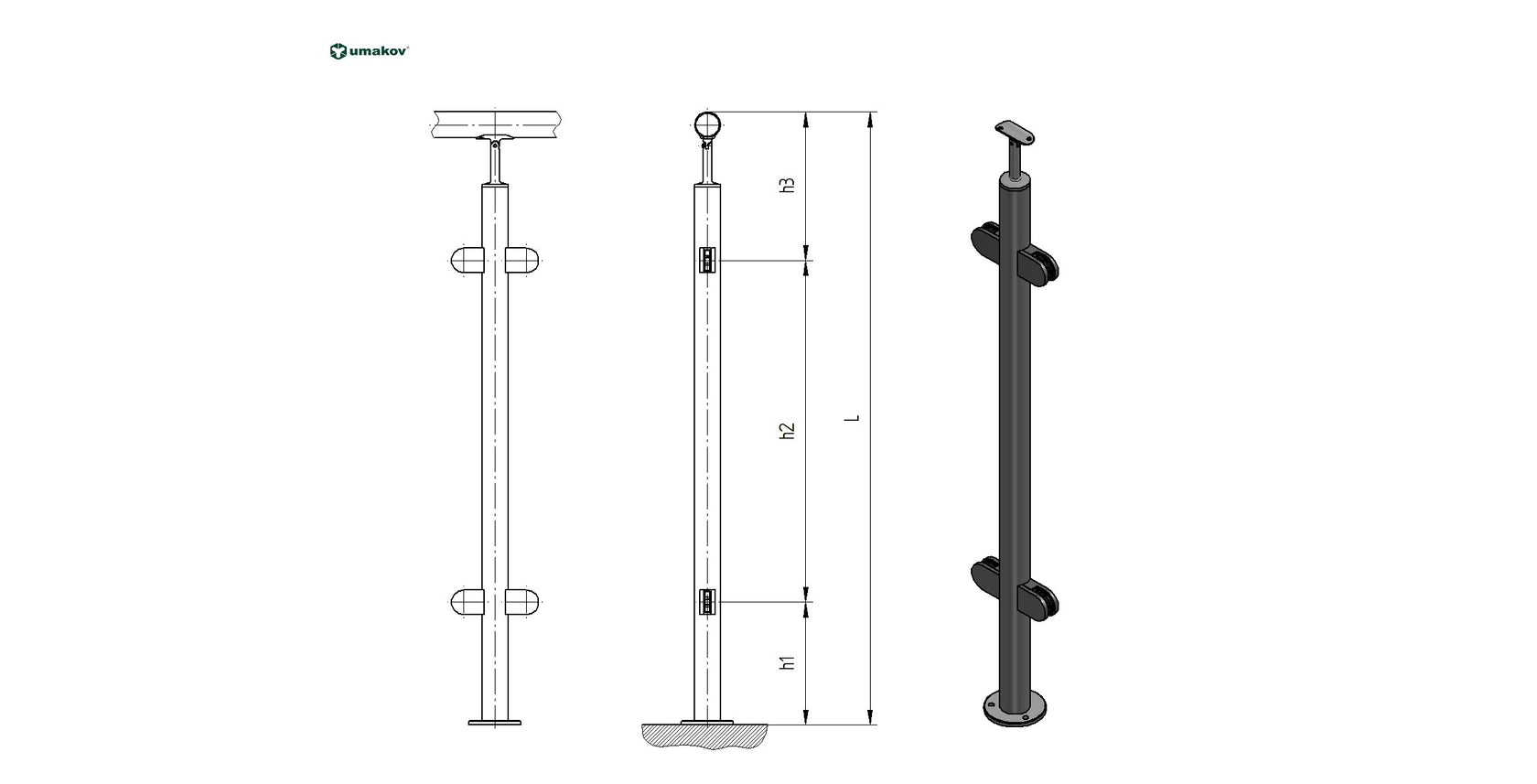 Felső rögzítésű középső oszlop üvegkorláthoz