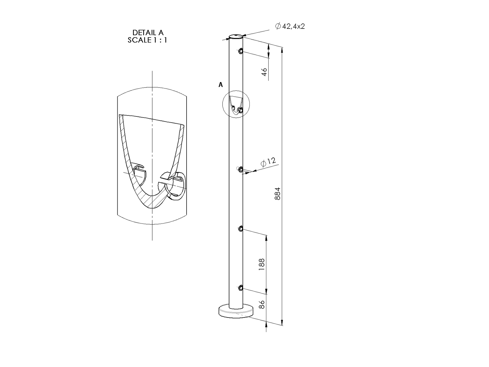 Felső rögzítésű oszlop pálcás korláthoz