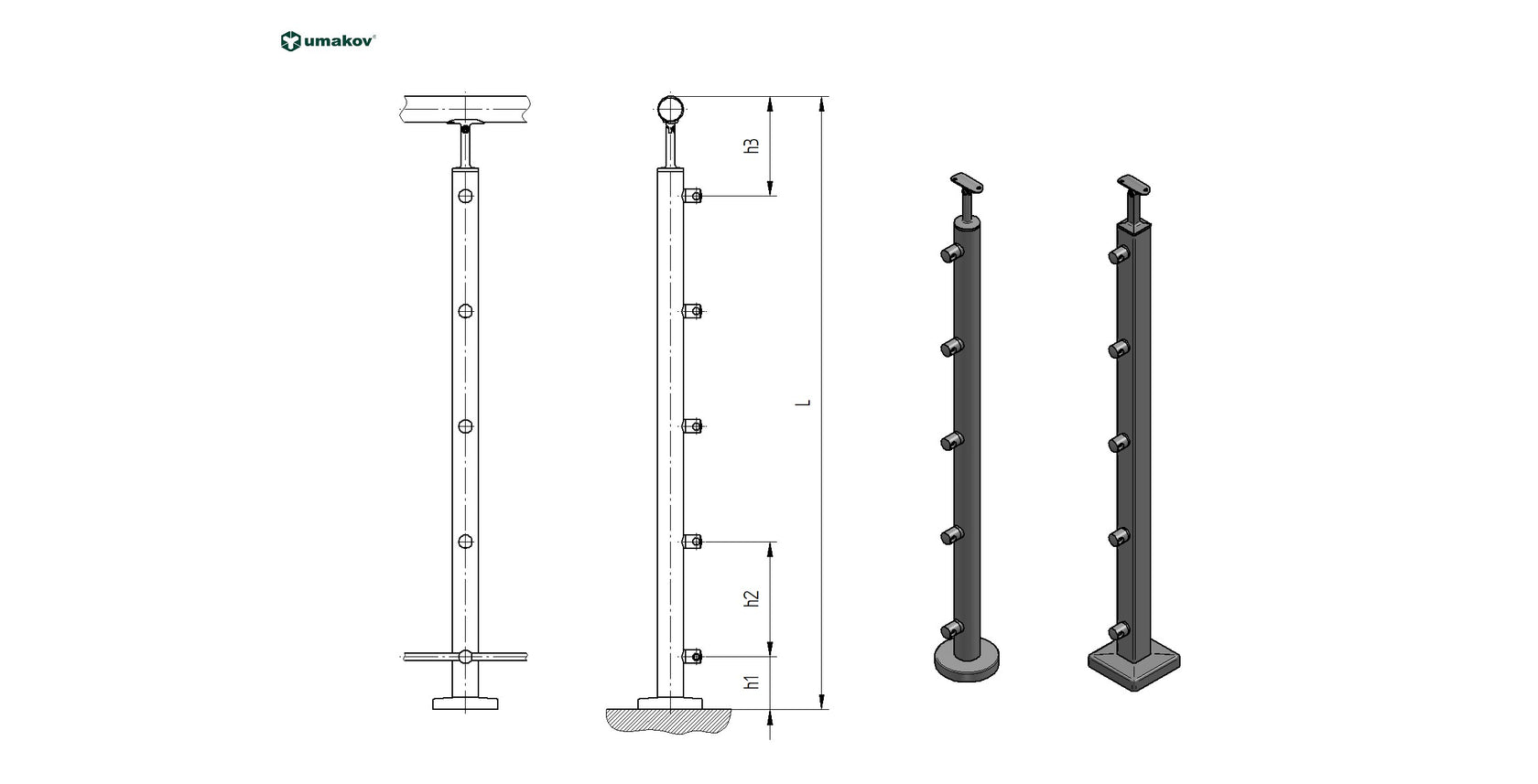 Felső rögzítésű natúr tölgy oszlop pálcatartókkal