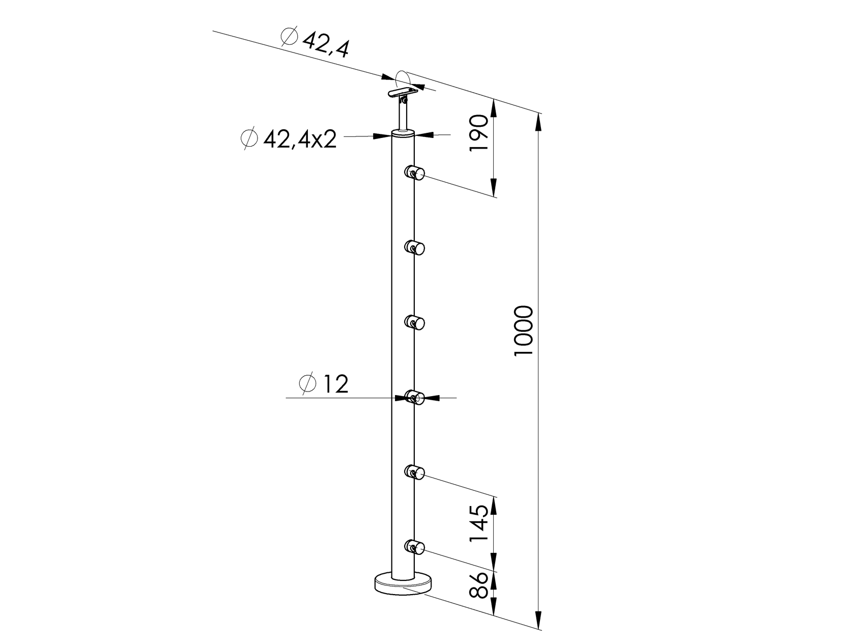 Felső rögzítésű oszlop pálcás korláthoz