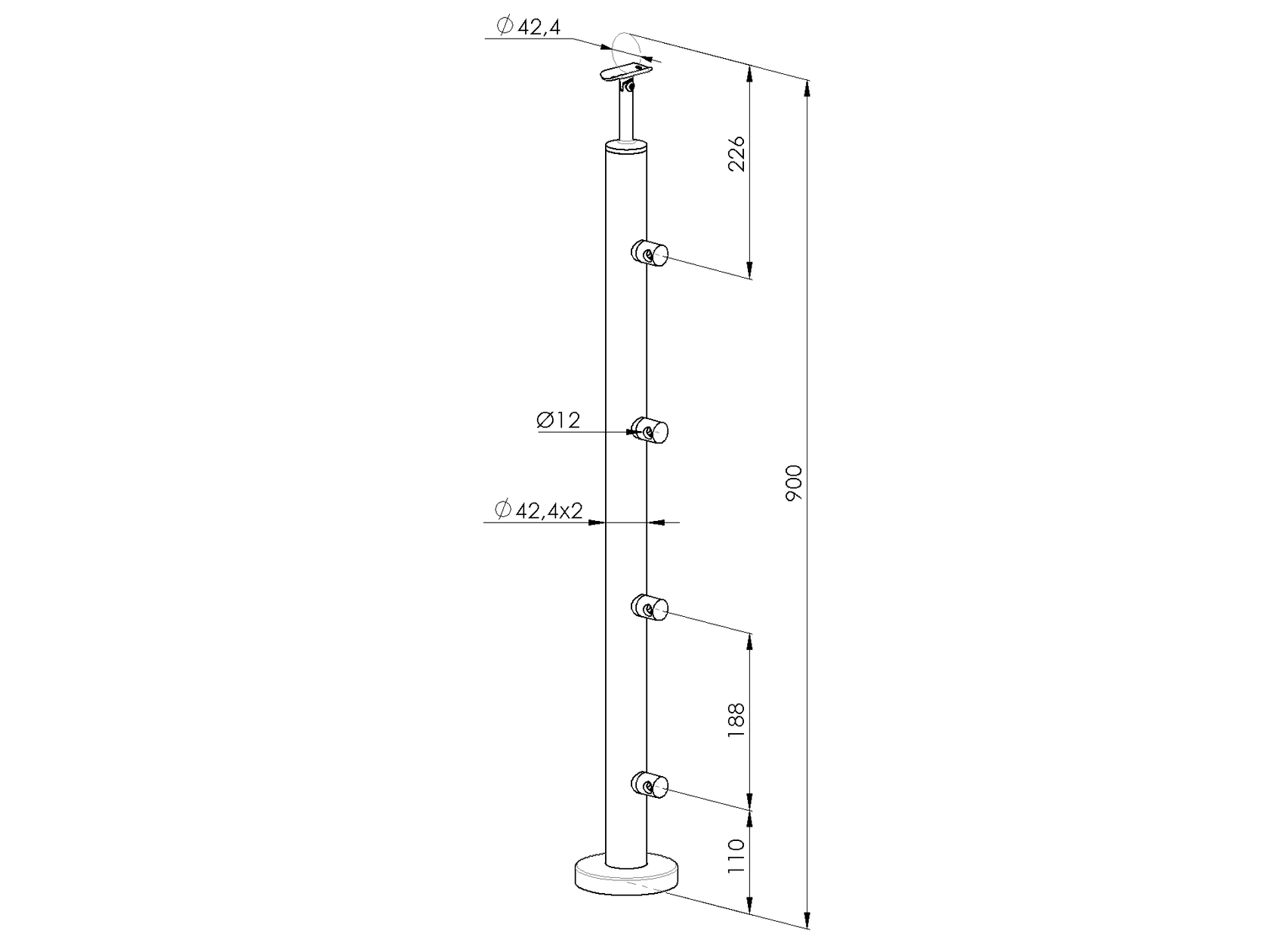Rozsdamentes oszlop pálcás korláthoz (polírozott)