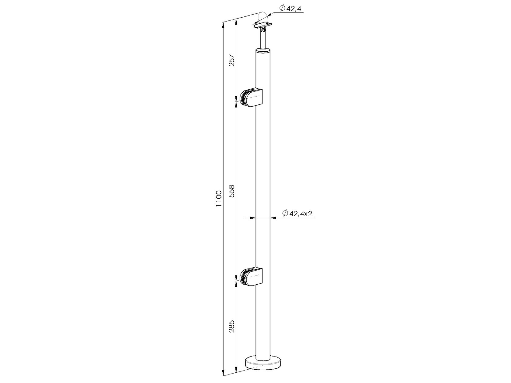 Felső rögzítésű, balos oszlop üvegkorláthoz