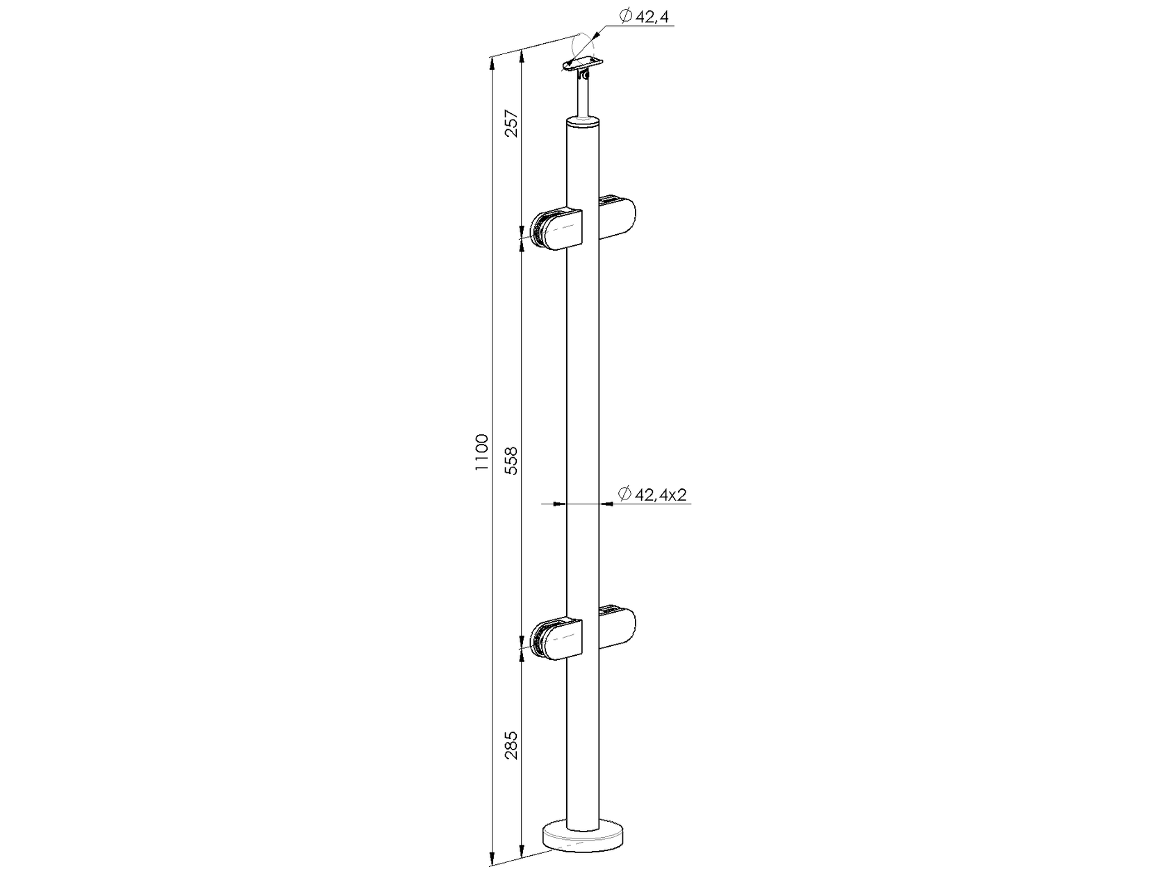 Felső rögzítésű, középső oszlop üvegkorláthoz