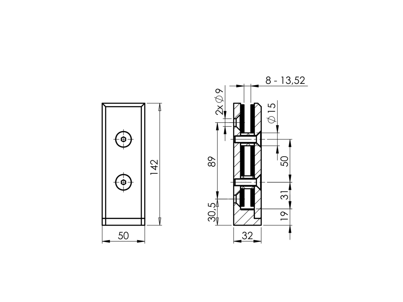 Üvegkorláthoz oldalszerelésű tartókonzoll
