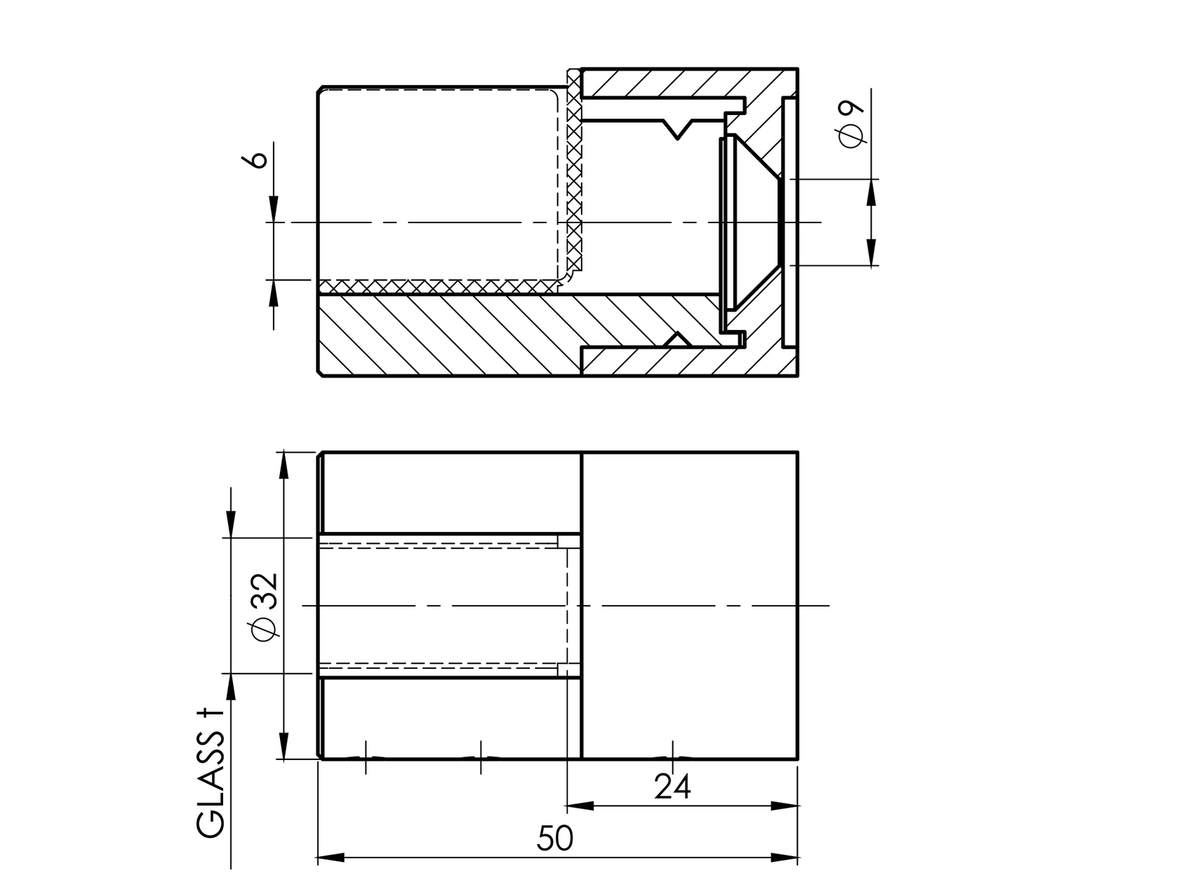 Jobbos rozsdam.hengeralakú üvegfogó zártszelvényre