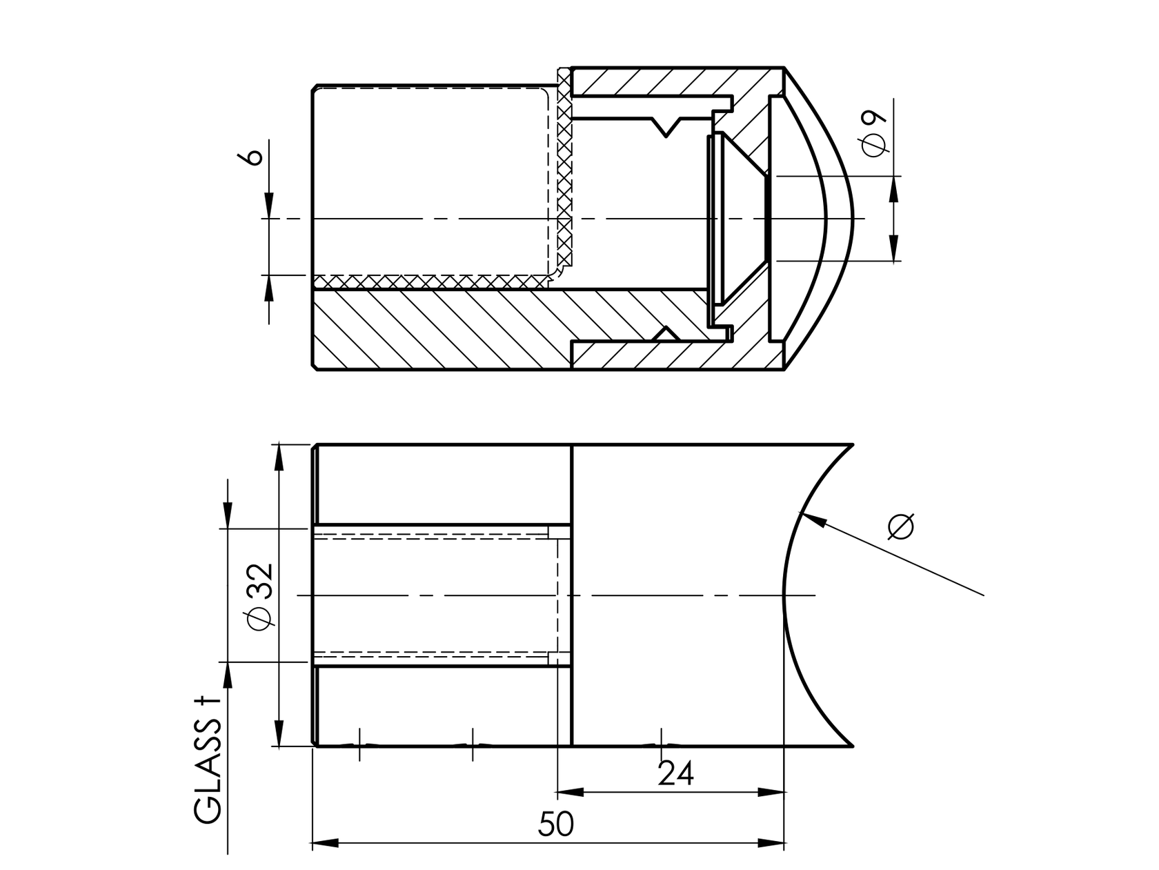 Jobbos rozsdam.hengeralakú üvegfogó D42,4mm csőre