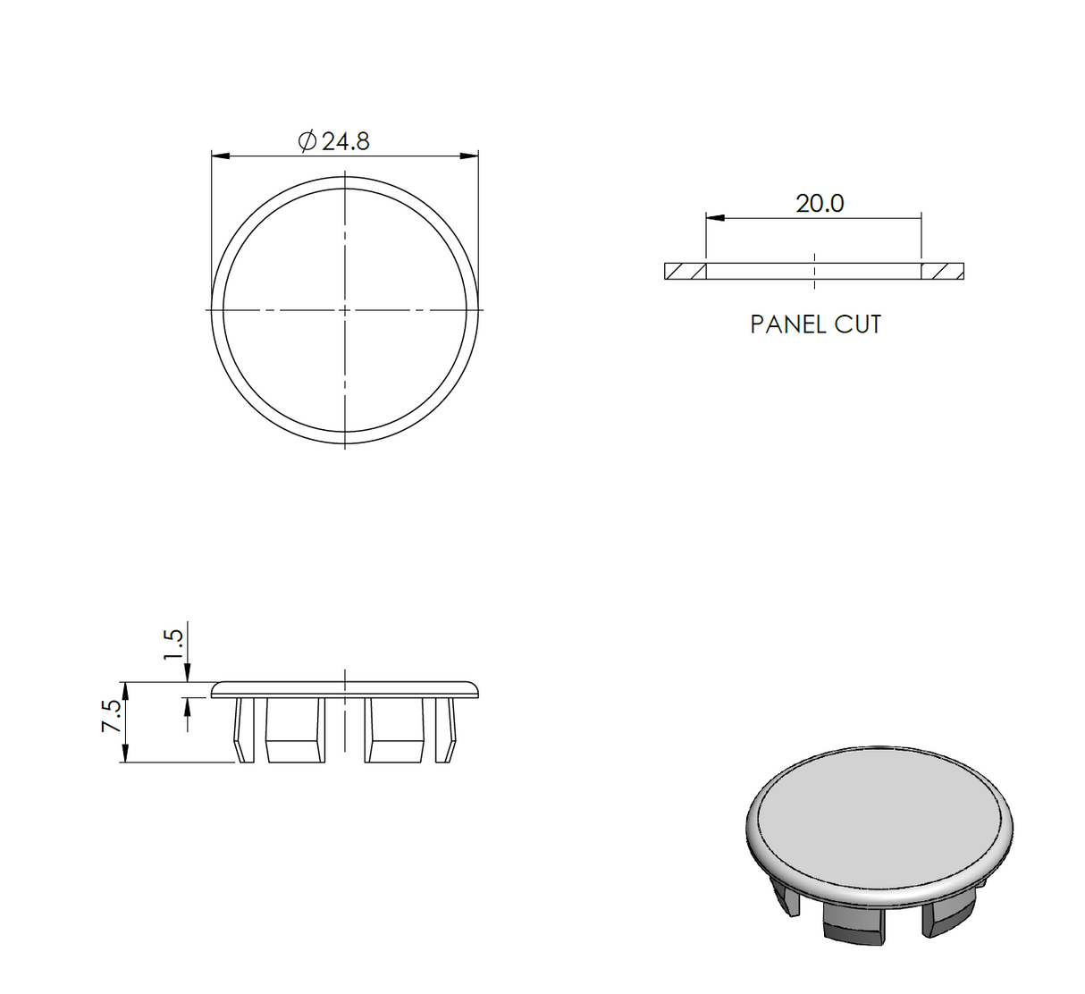 PVC szerelőnyílás takaró alumínium profilhoz, PVC, D20mm