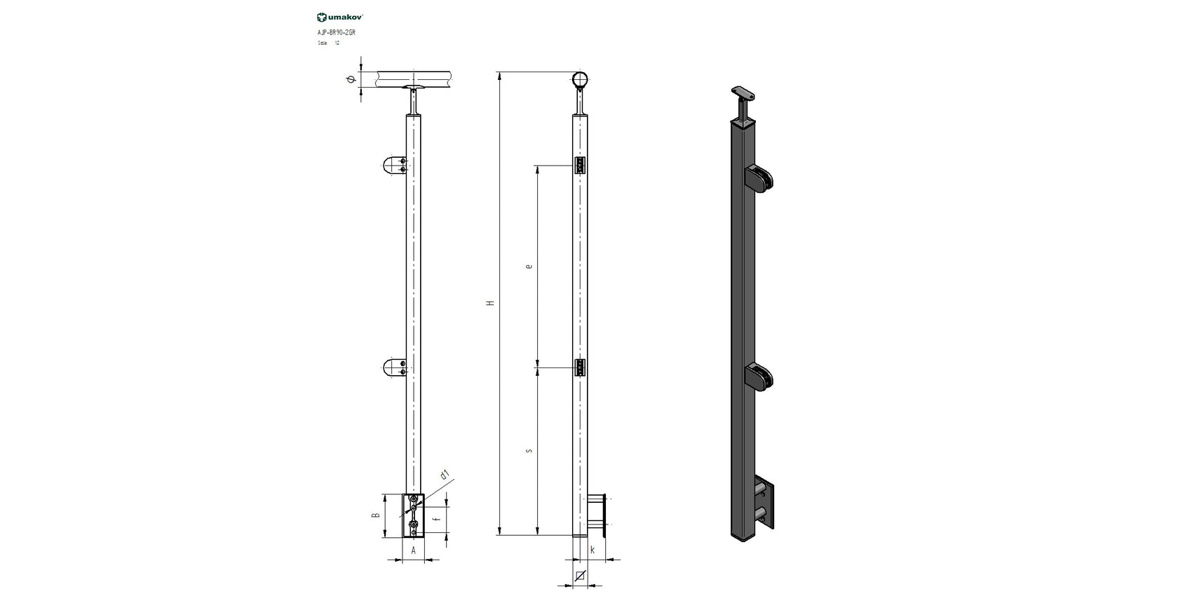 Oldalsó rögzítésű jobbos oszlop üvegkorláthoz