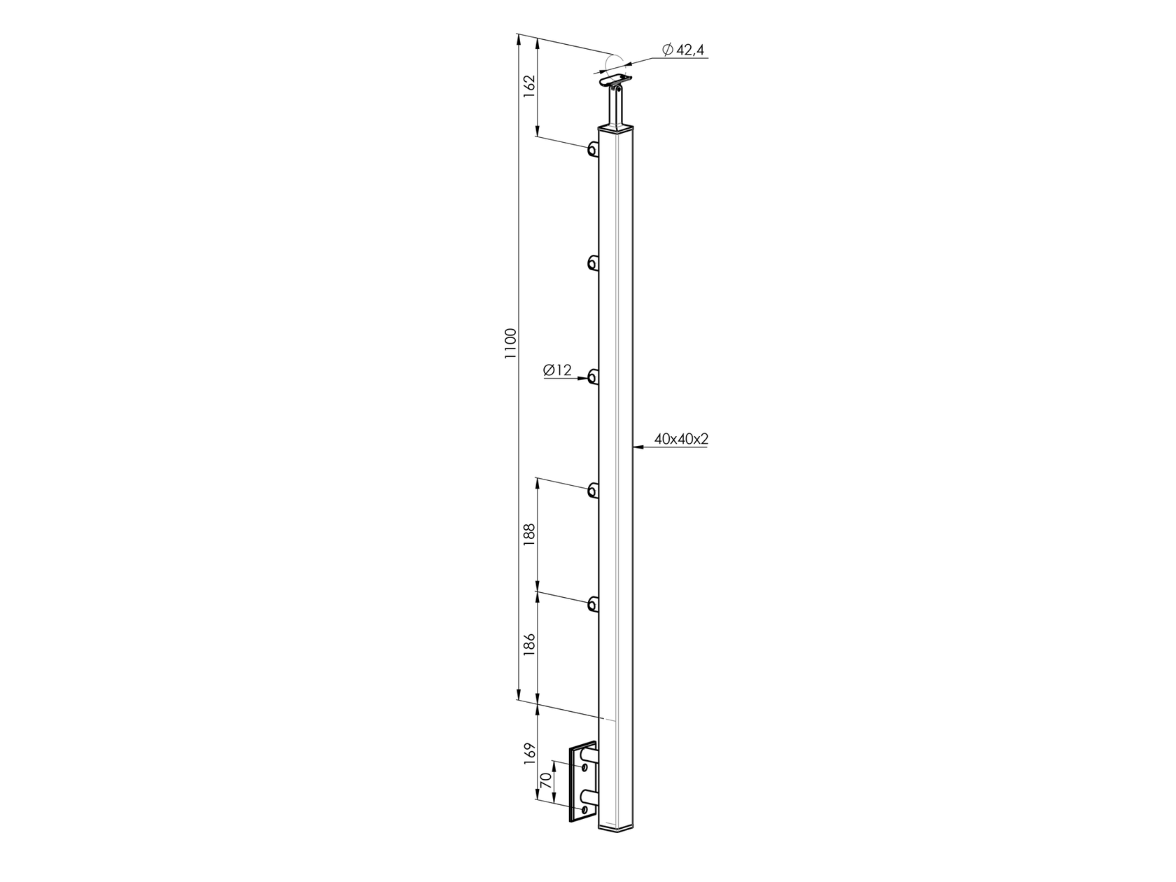 Oldalsó rögzítésű oszlop pálcás lépcsőkorláthoz