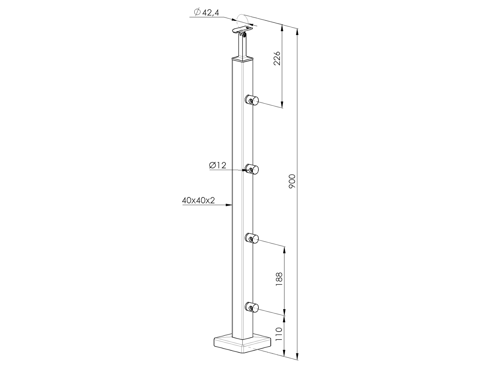 Felső rögzítésű, szögletes oszlop pálcás korláthoz