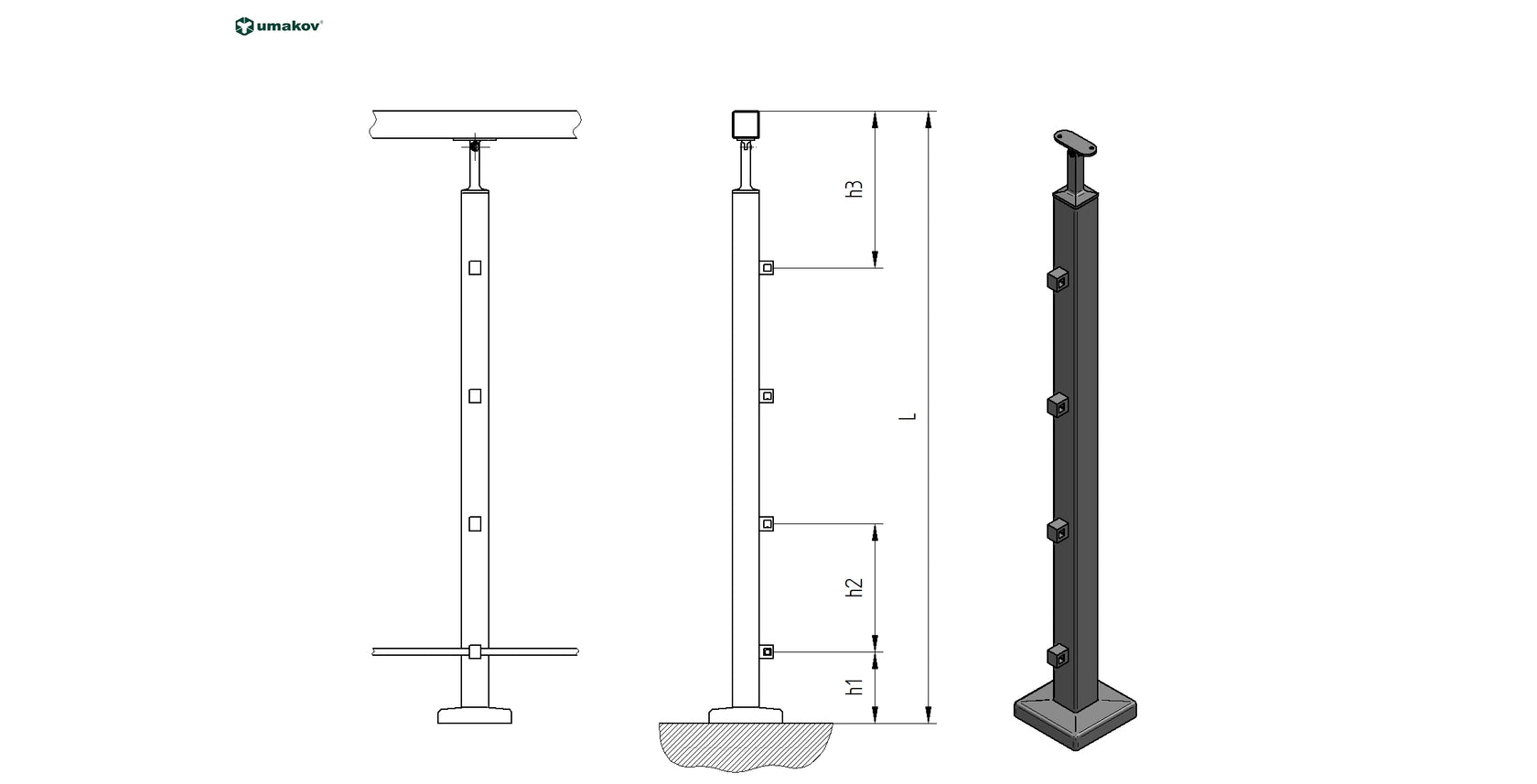 Felső rögzítésű, szögletes oszlop pálcás korláthoz