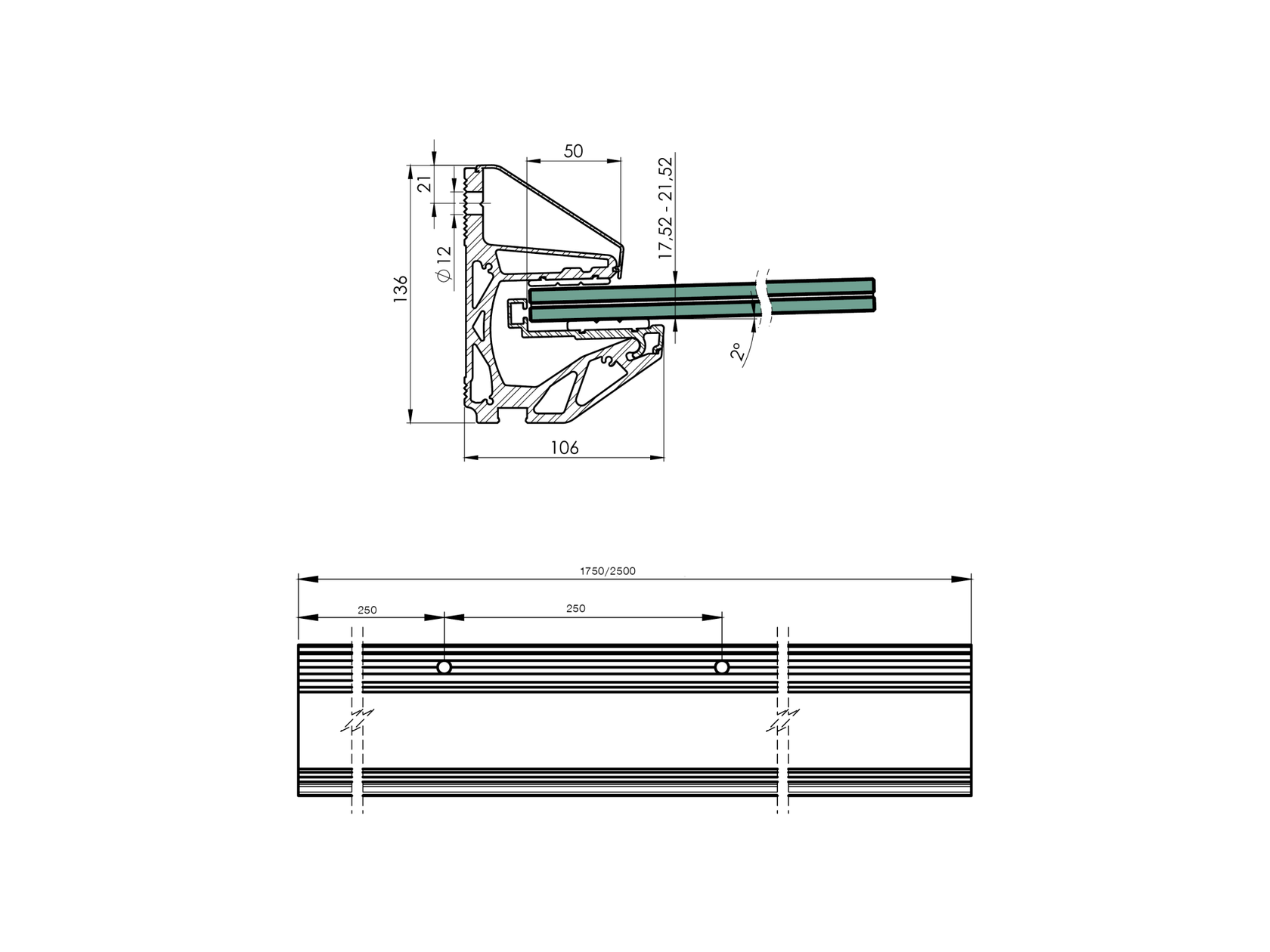 Alumínium profil üveg előtetőhöz /-2°/