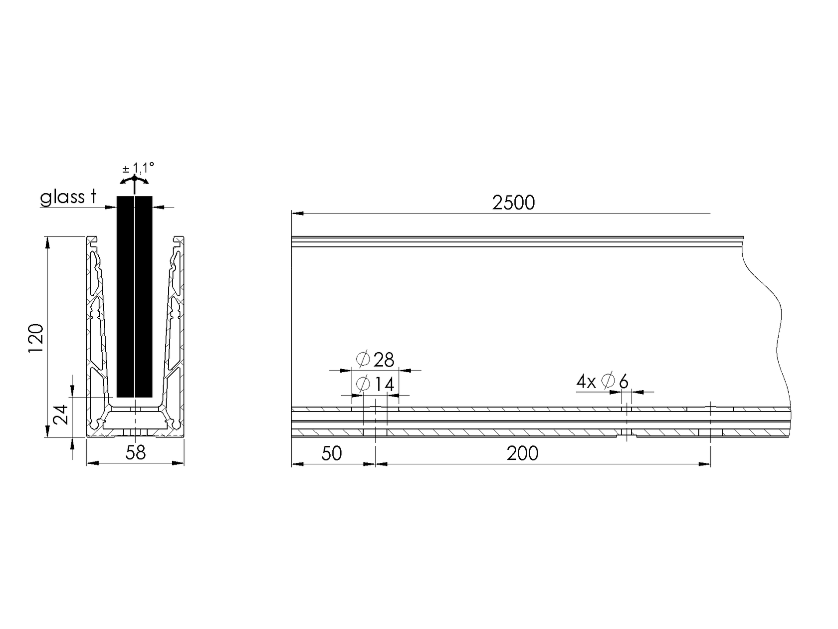 Alumínium profil vonalmenti üvegkorláthoz