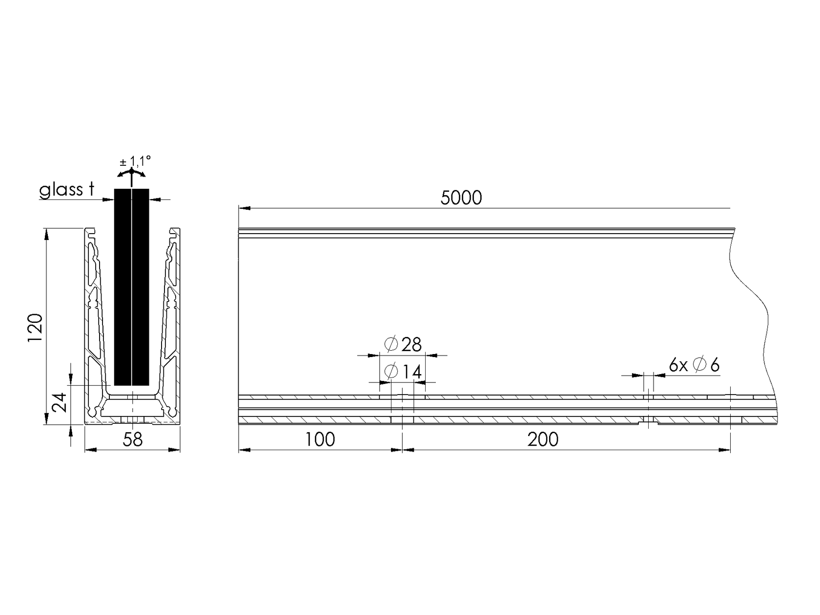 Alumínium profil vonalmenti üvegkorláthoz
