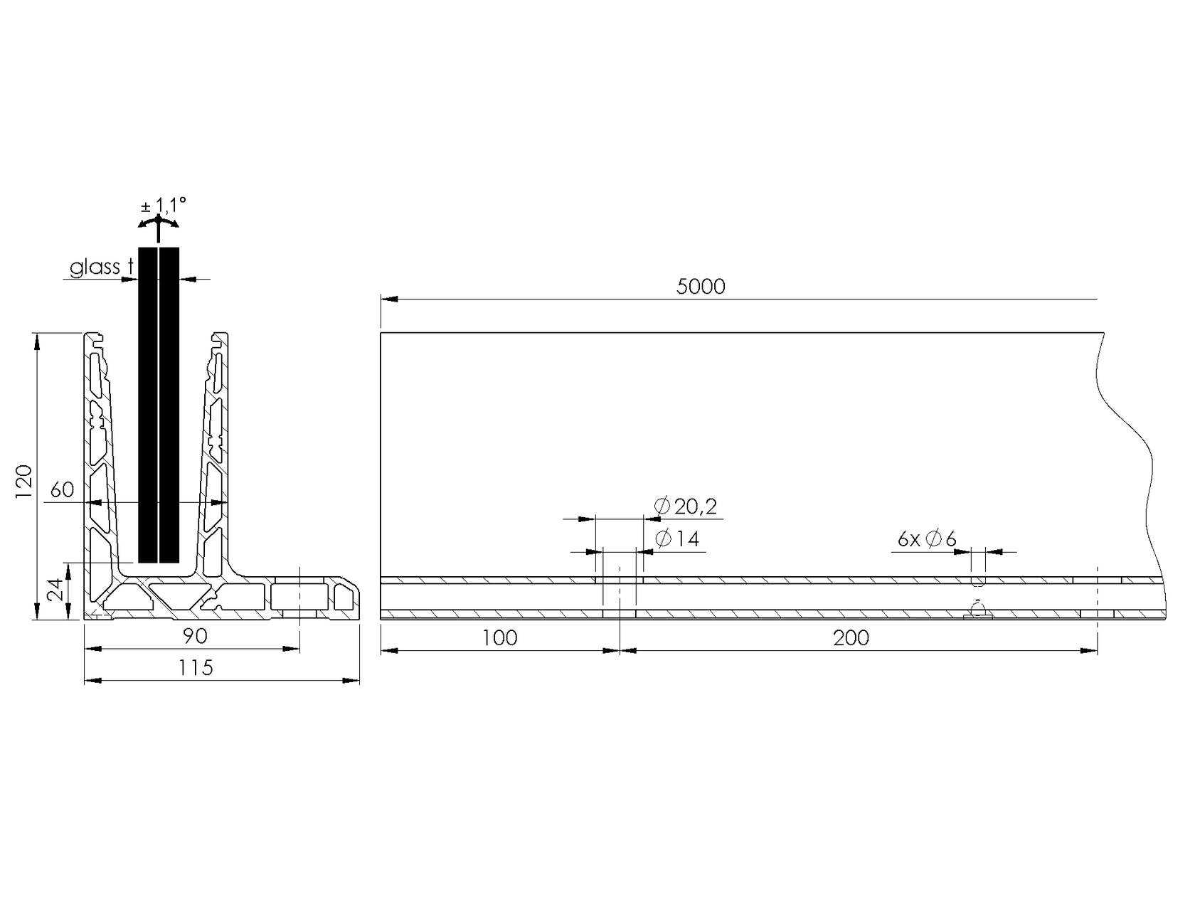Alumínium profil vonalmenti üvegkorláthoz