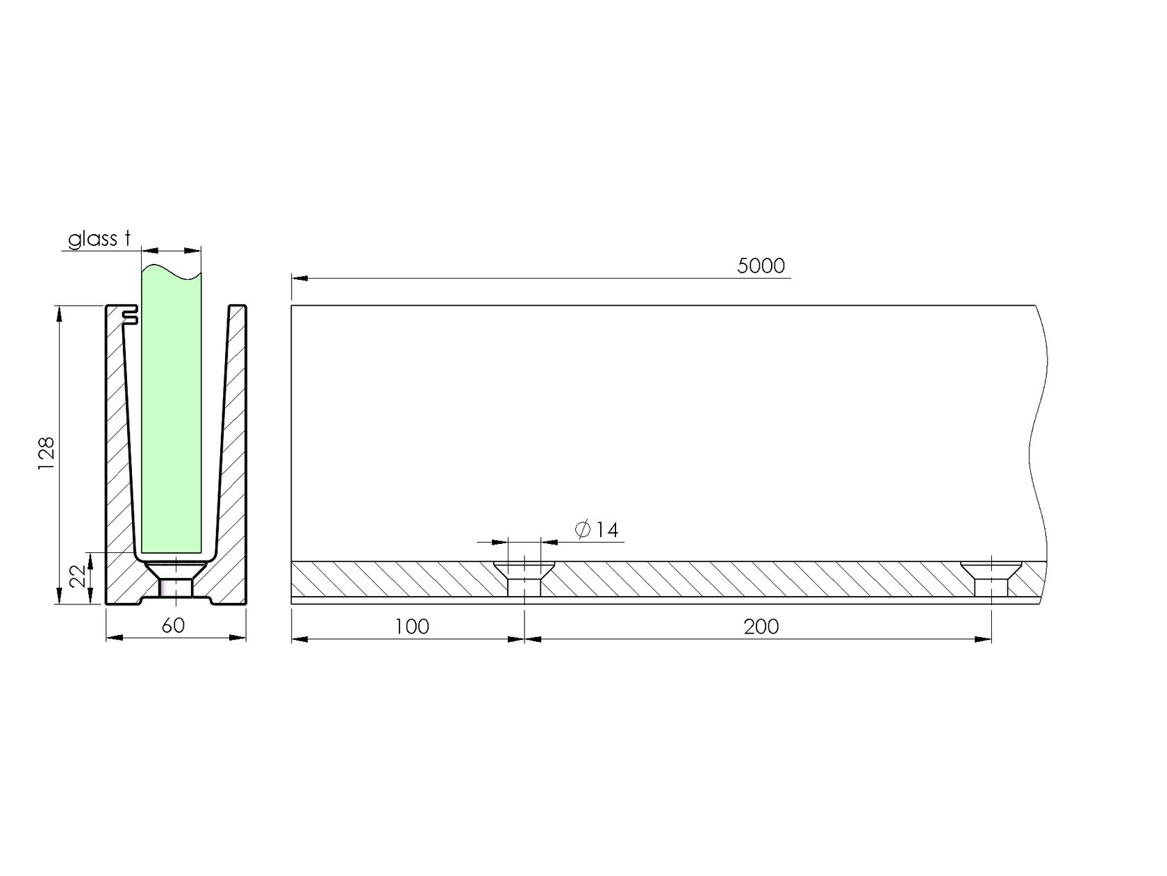Alumínium profil vonalmenti üvegkorláthoz - 3kN