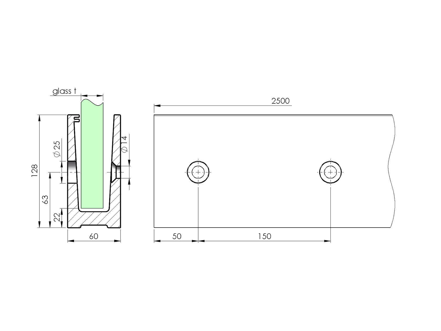 Alumínium profil vonalmenti üvegkorláthoz (3kN)