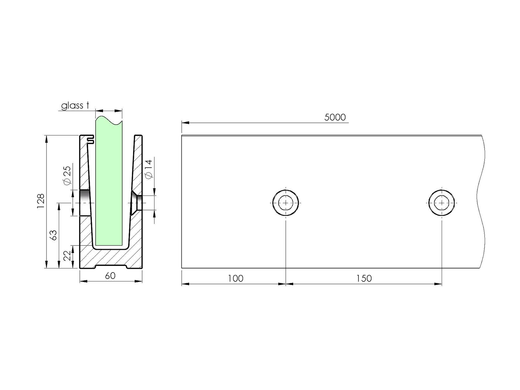Alumínium profil vonalmenti üvegkorláthoz (3kN)