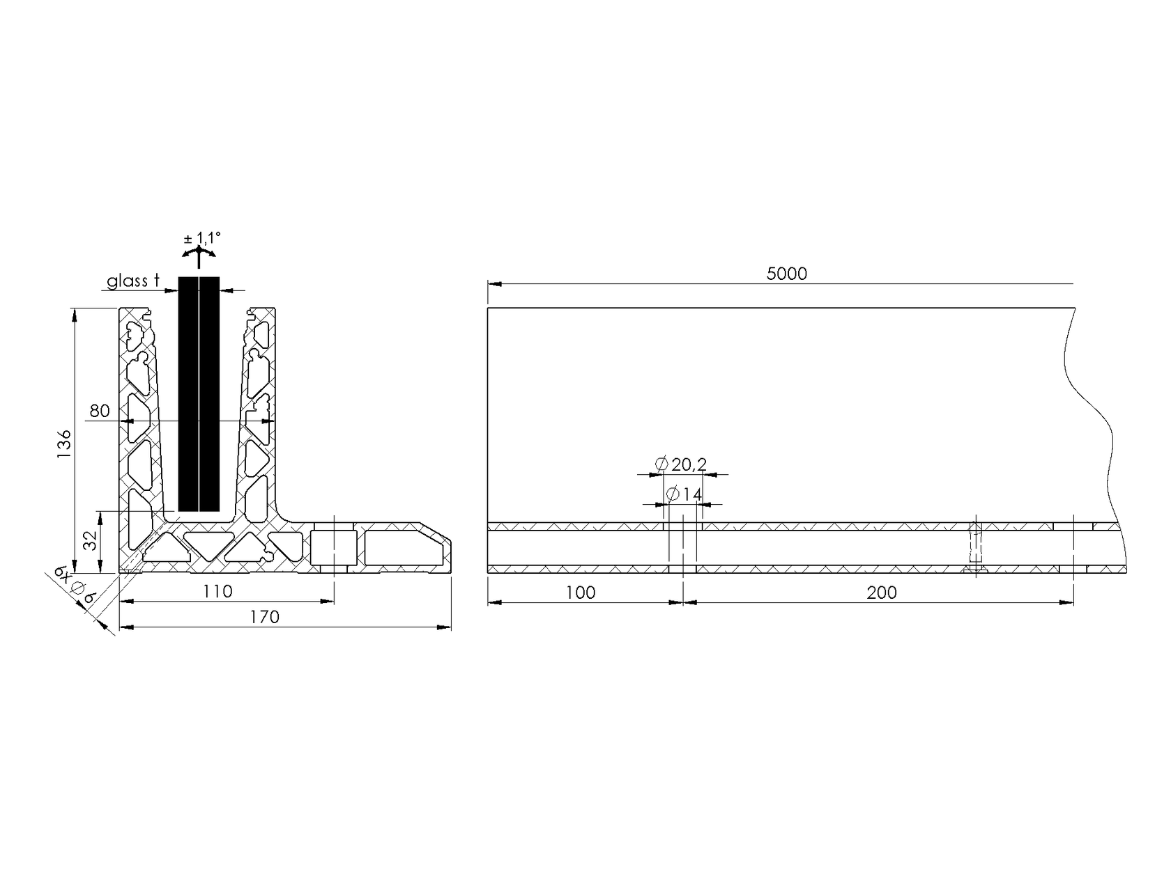 Alumínium profil vonalmenti üvegkorláthoz