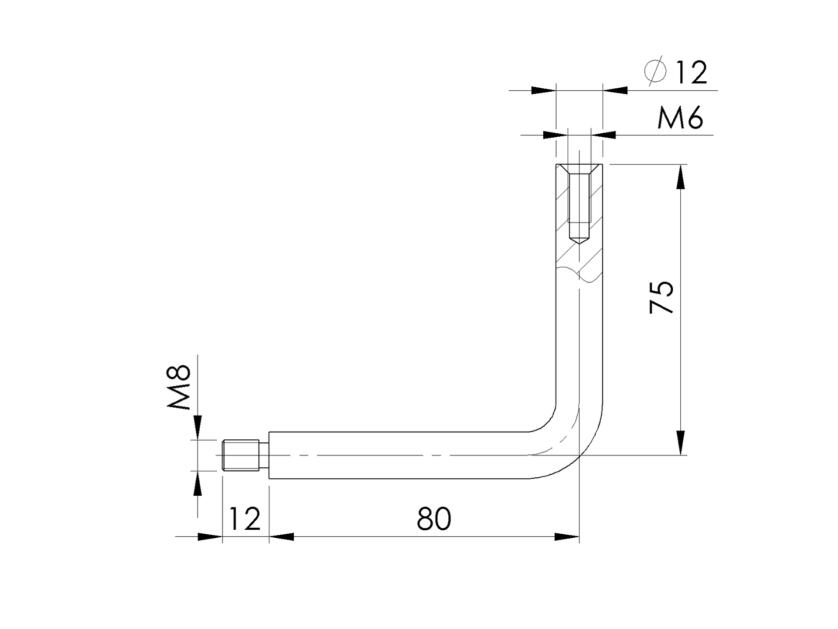 Falikapaszkodóhoz hajlított szár AISI304, d12, M6,