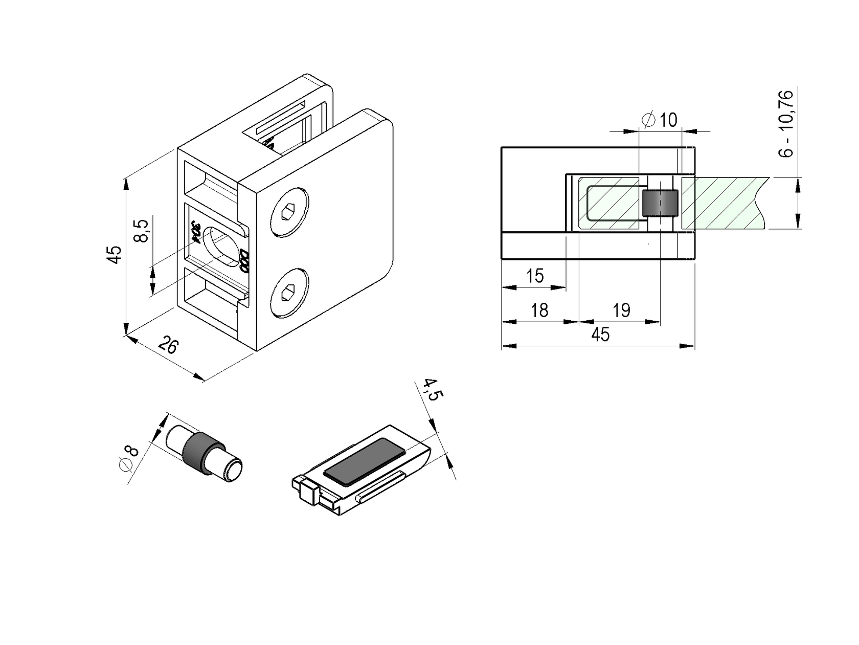 Tengelyirányú üvegmegfogó