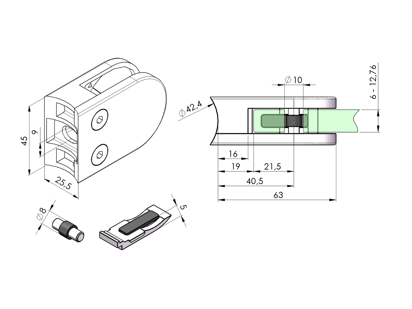 Rozsdamentes üvegtámpontmegfogó-köroszlopra
