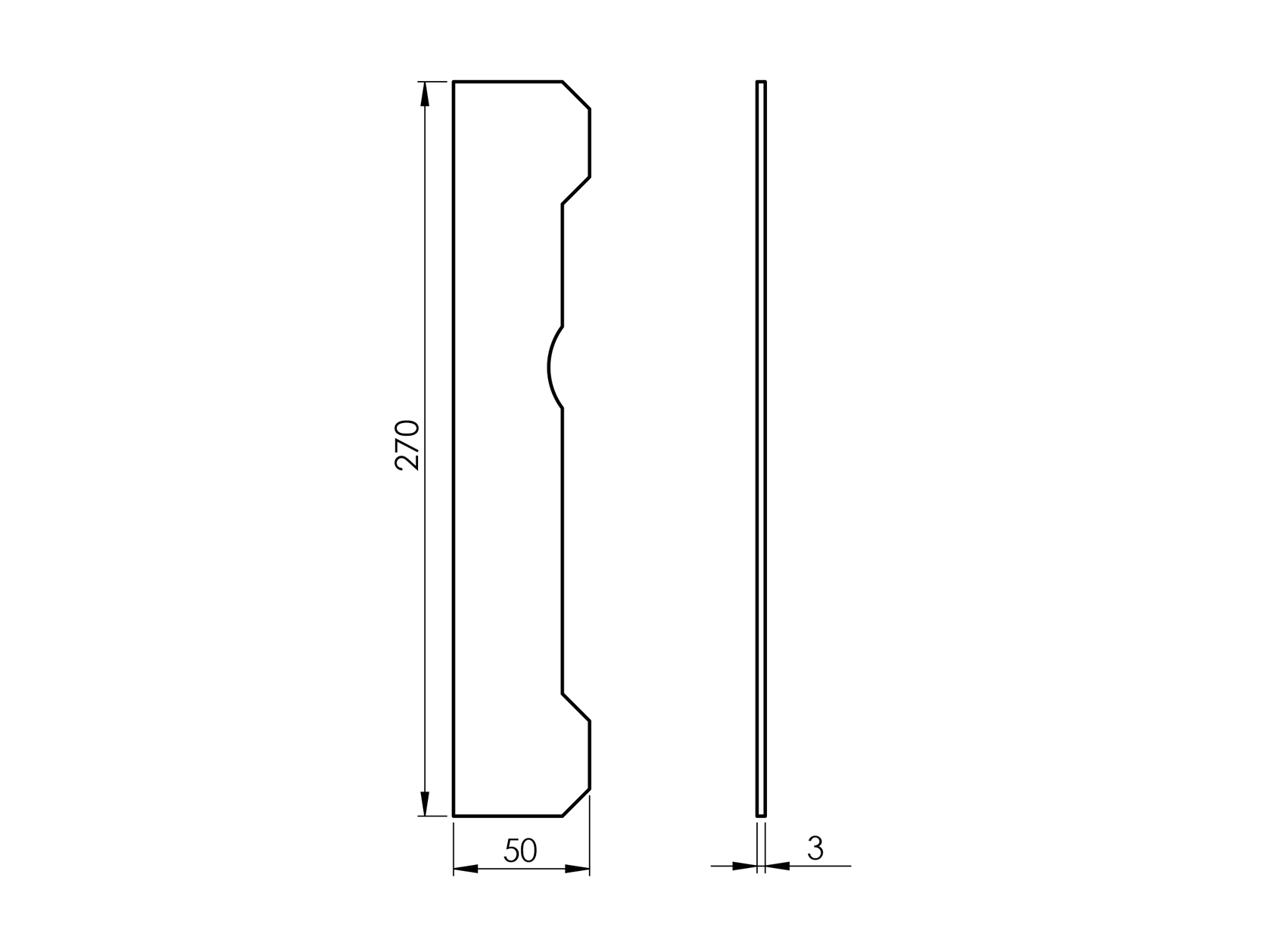 Lišta dorazová - hladká, 270x50x3mm