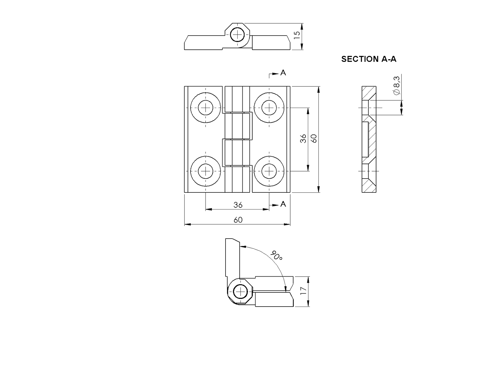 Saválló pánt sík felületre, INOX, AISI 316, L=60mm
