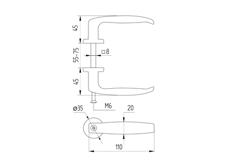 Könnyűfém kilincs-fekete komaxit L110, b20mm