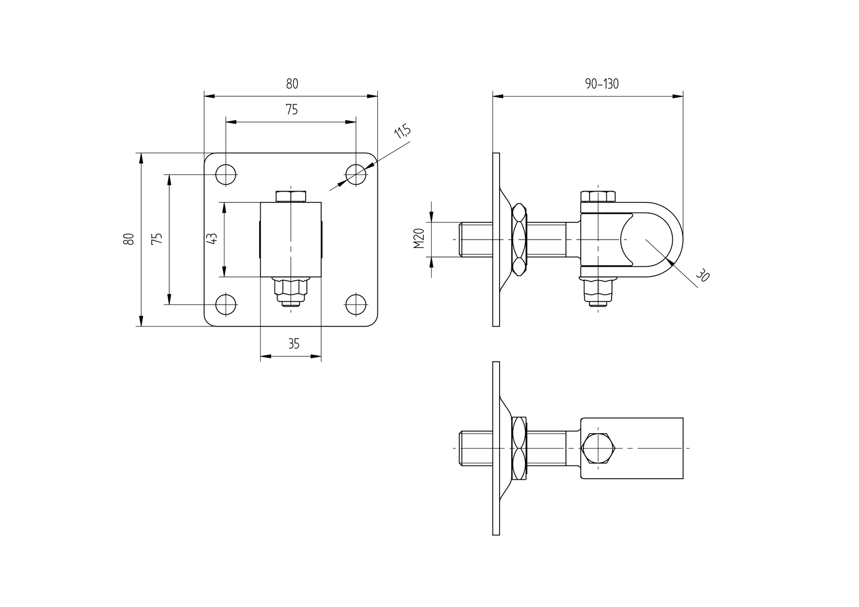 Kapu forgáspont-talpas M20-Zn, 80x80x105mm, d30mm