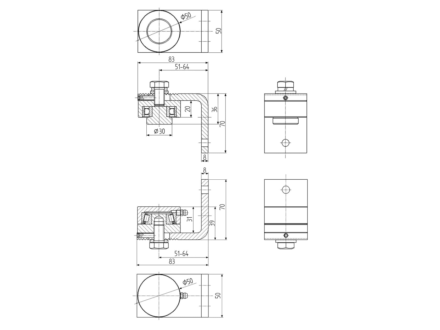 Kúpcsapágyas forgáspont (alsó+felső), D50