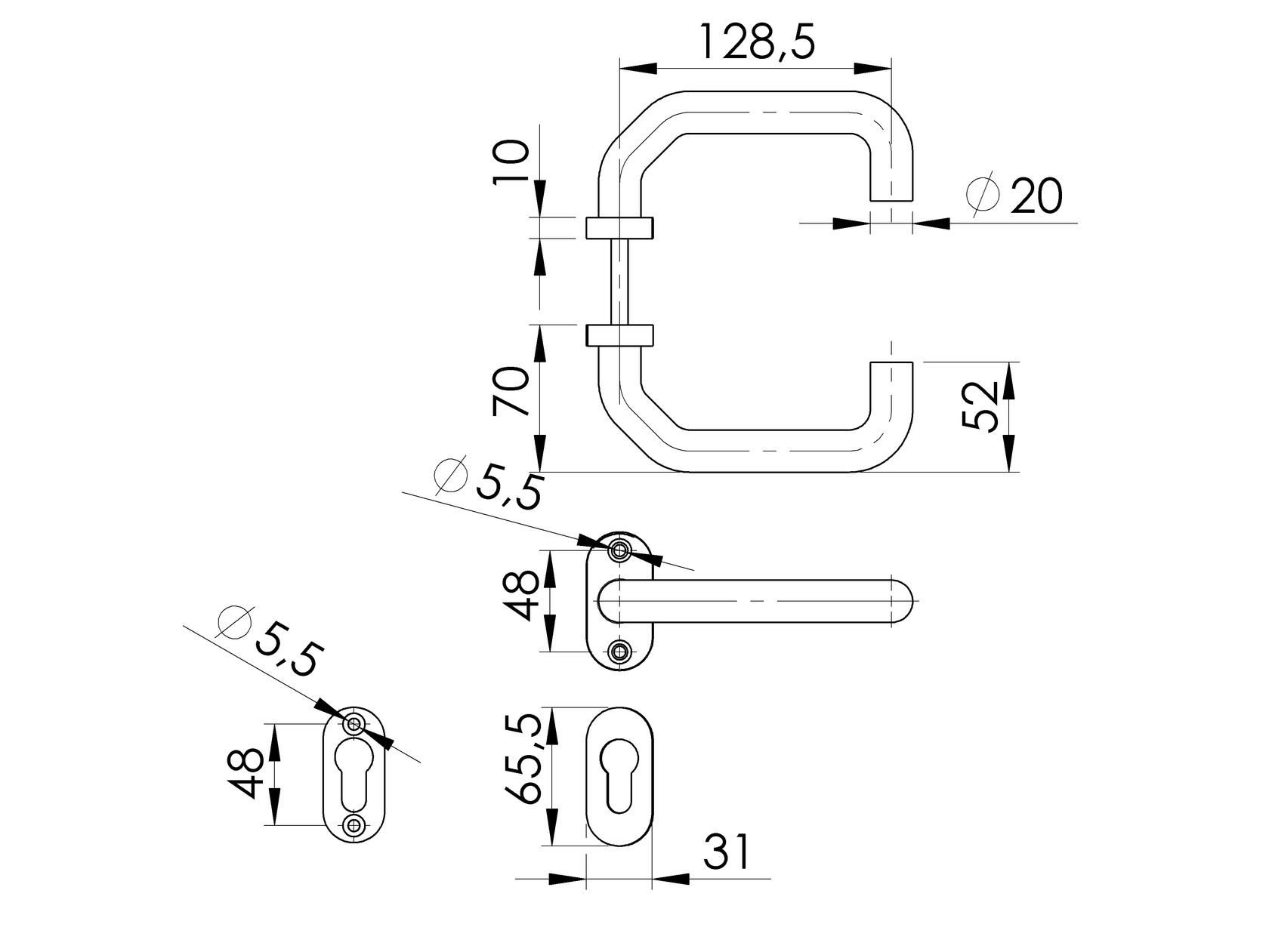 Rozsdamentes kilincs - zártakaróval AISI 304, K320