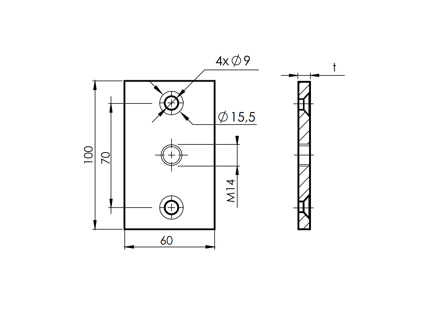 Kotviaca platňa, INOX, 100x60x8mm s 2 x 15,5mm