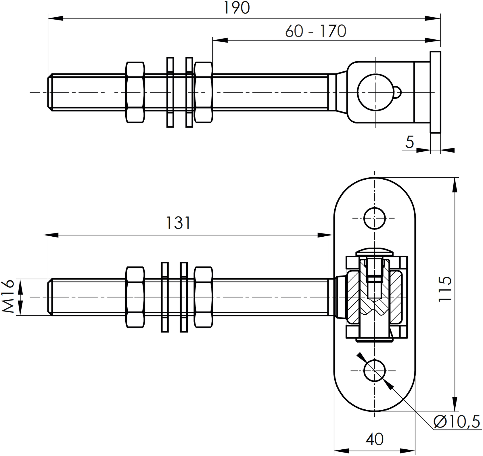 Hosszú állítható forgáspont, lemezzel, INOX, M16