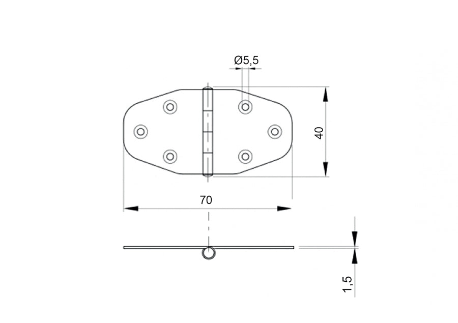 Saválló pánt sík felületre, INOX, AISI 304, L=40mm