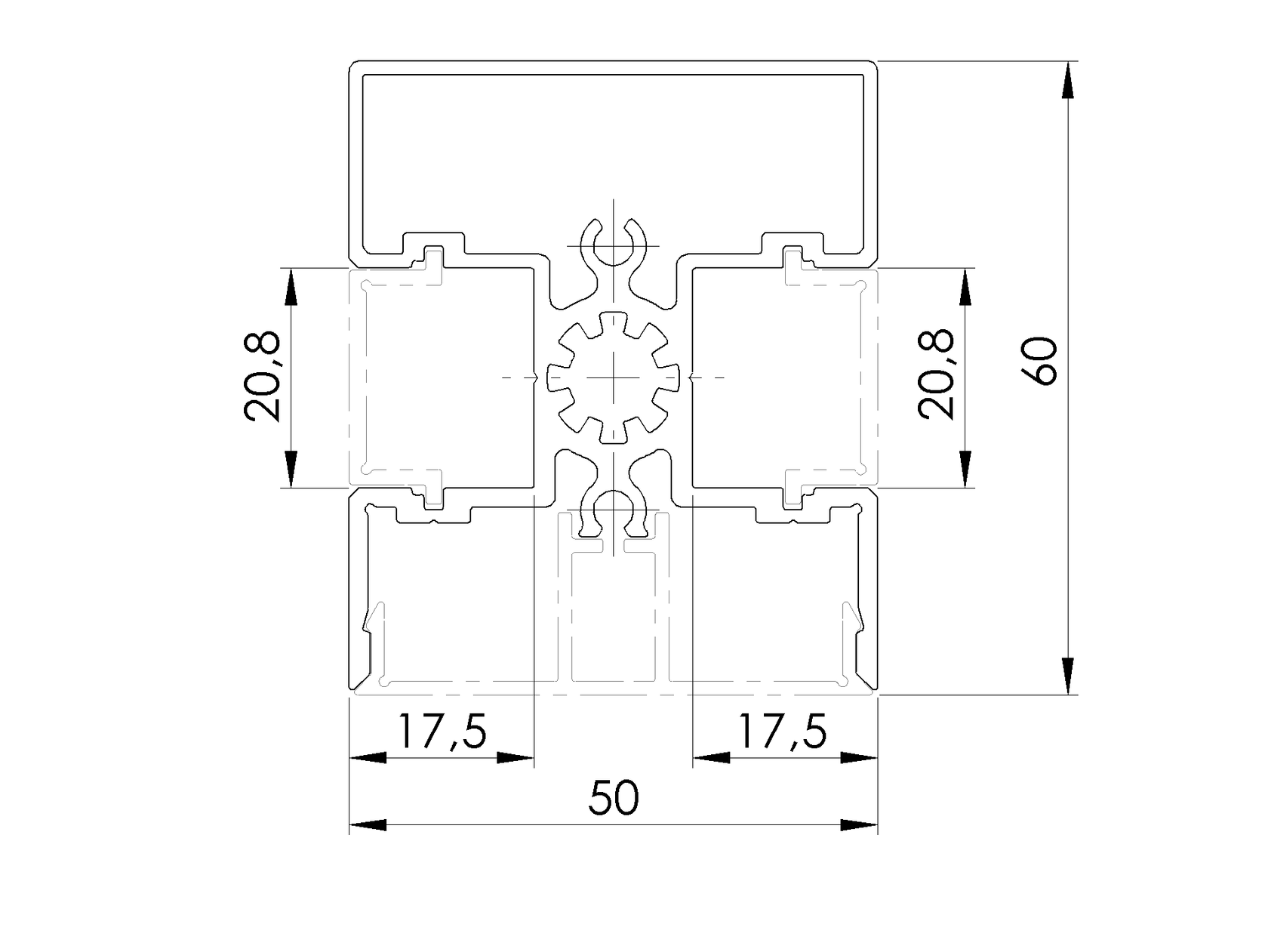 Hliníkový plotový stĺpik 50 × 60 mm – 6 m – Natural - pre 20 mm široké výplne