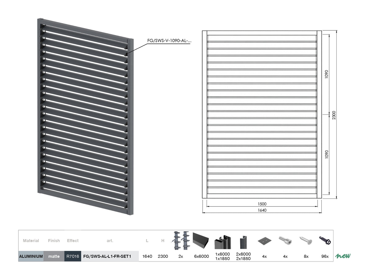 Set ALAntrac horizontálny naklápací systém 2,3x1,6m s 1,5m ALAntrac kosodĺžnikovou výplňou 20x105, v ráme ALAntrac 50x60
