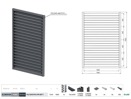 Set čierny plastový horizontálny naklápací systém 1,86x1,34 m s 1,2 m AL Antracit výplňou 20x95, v ALAntracit ráme 50x60