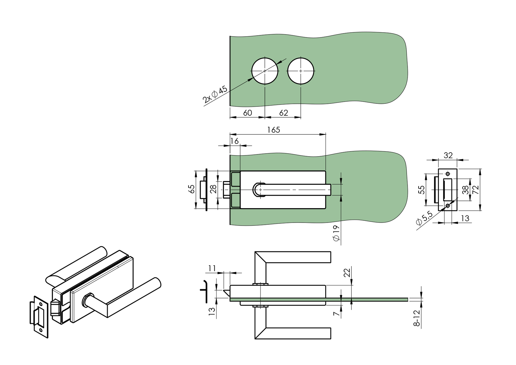 Rozsdamentes zárszerkezet üvegajtóhoz UV