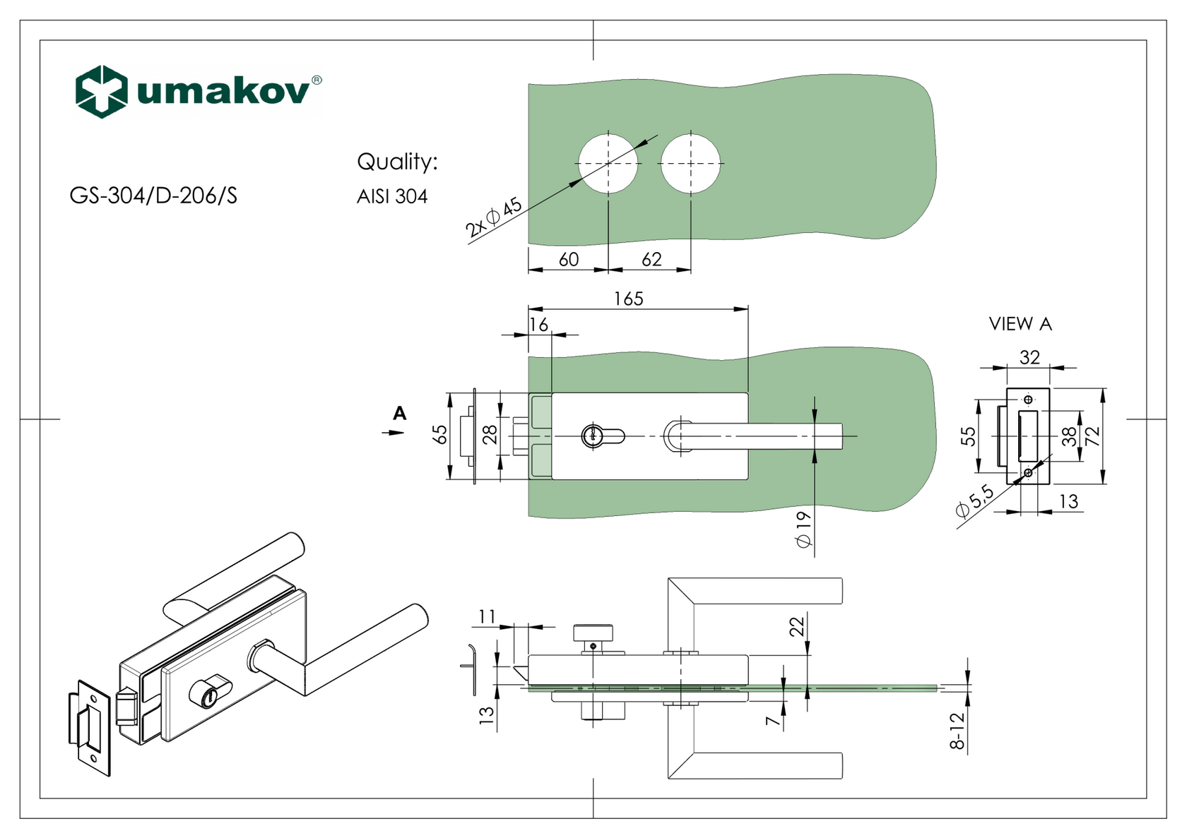 Rozsdamentes zárszerkezet üvegajtóhoz PZ